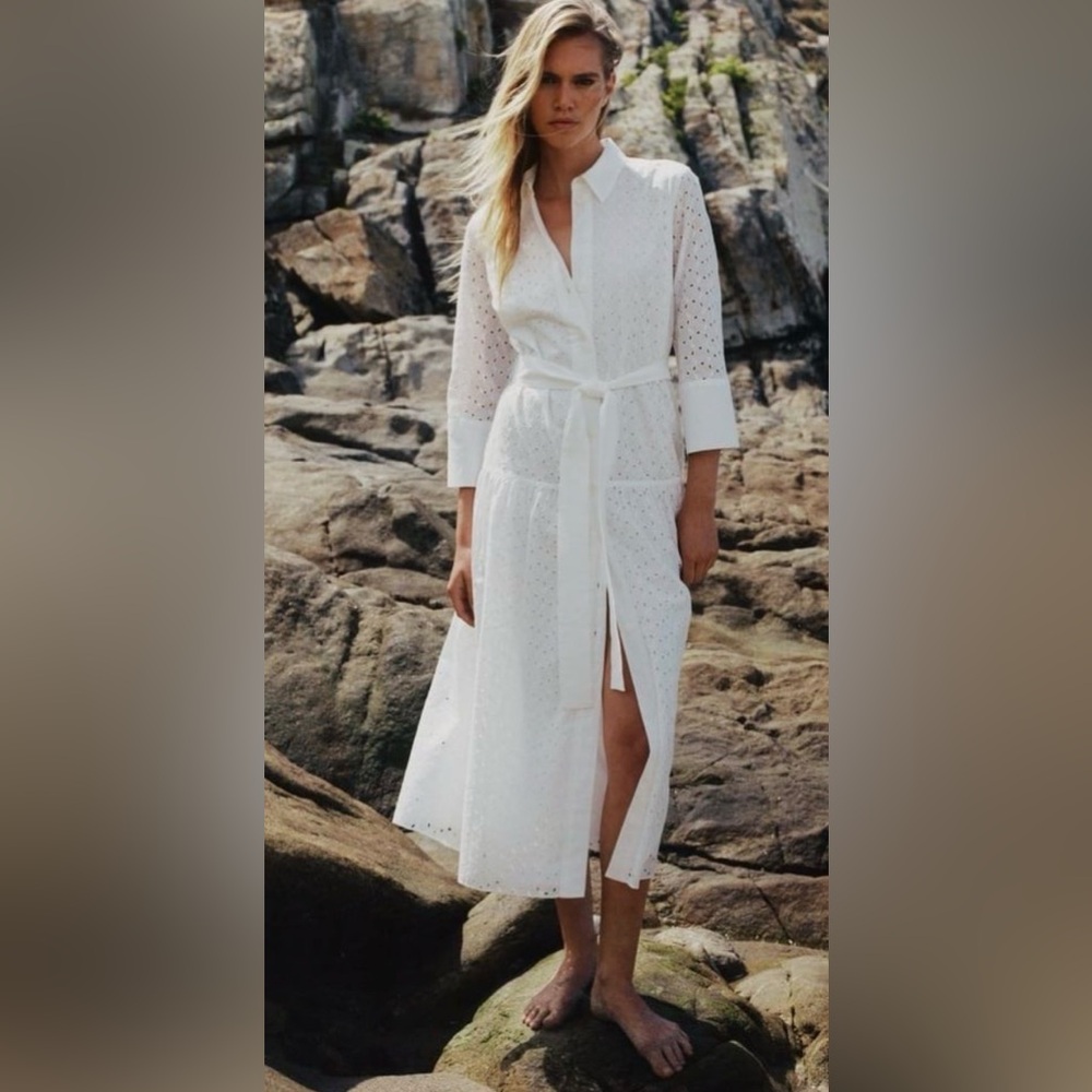 Zara Blogger Fave White Cotton Embroidered Eyelet Tiered Midi Shirt Dress